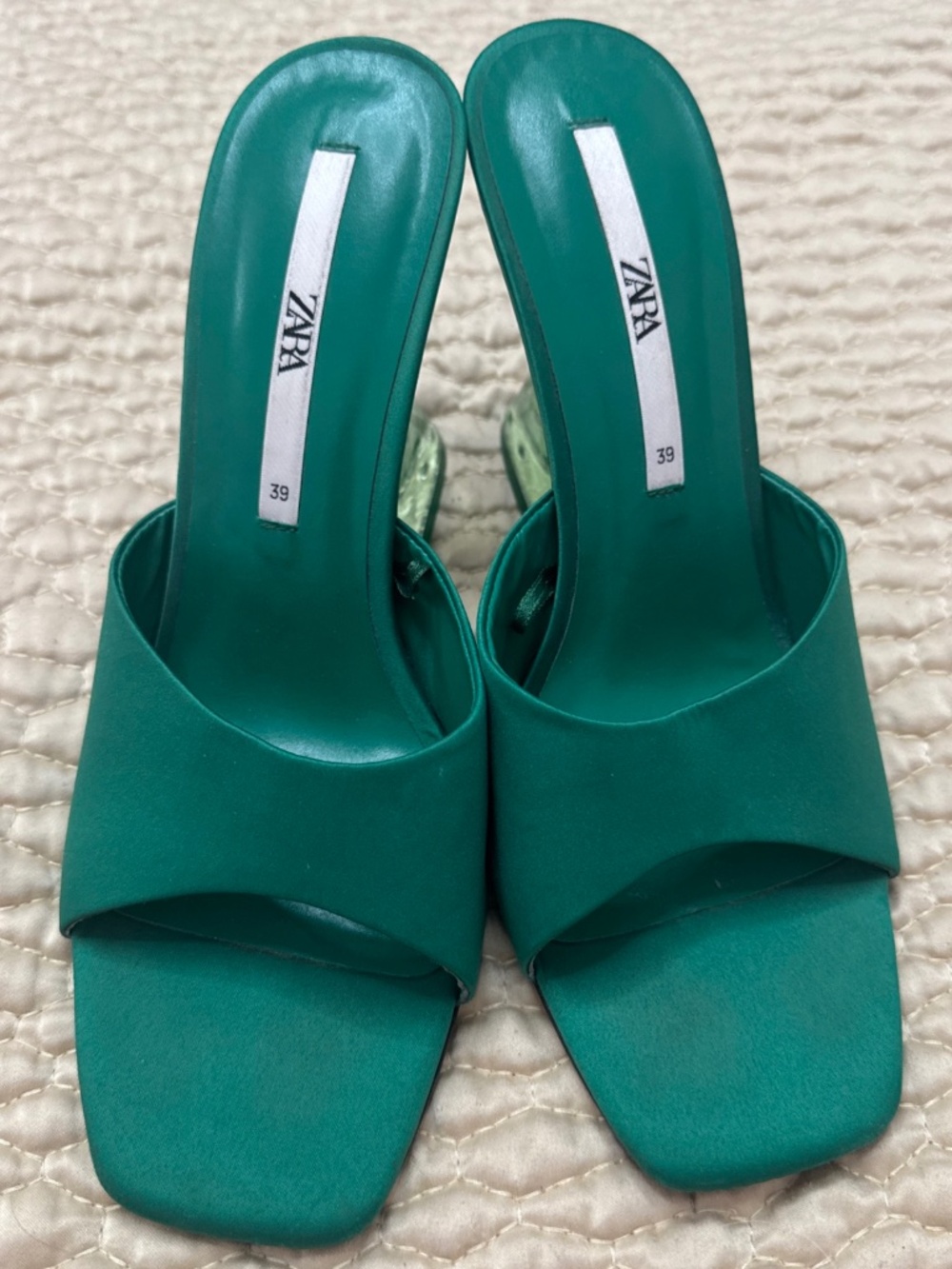 Zara Women’s Green Satin Strap Slides Square Front Chunky Block Acrylic Heel 39